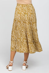 Yellow Leaf Print Tiered Midi Skirt