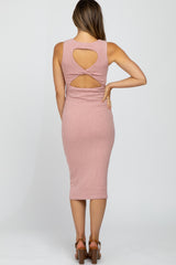 Mauve Twist Back Accent Ribbed Maternity Midi Dress