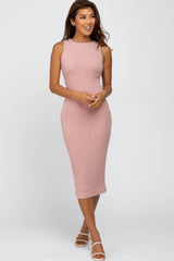 Mauve Twist Back Accent Ribbed Maternity Midi Dress