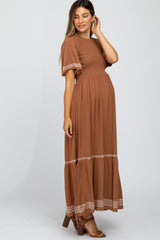 Rust Embroidered Accent Maternity Maxi Dress