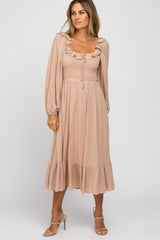 Taupe Smocked Ruffle Accent Midi Dress