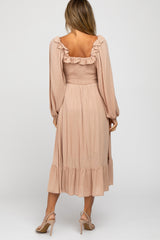 Taupe Smocked Ruffle Accent Midi Dress