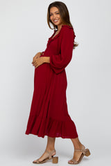 Burgundy Smocked Ruffle Accent Maternity Midi Dress