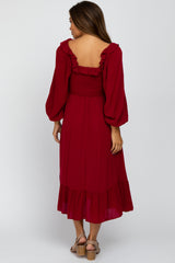 Burgundy Smocked Ruffle Accent Maternity Midi Dress