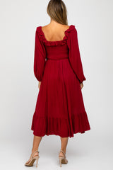 Burgundy Smocked Ruffle Accent Midi Dress