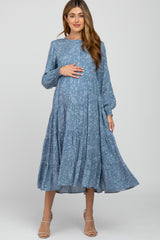 Blue Paisley Tiered Maternity Midi Dress