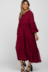 Burgundy Ruffle Accent Tiered Midi Dress