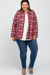 Burgundy Plaid Button Front Long Sleeve Plus Maternity Top