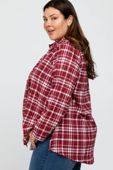 Burgundy Plaid Button Front Long Sleeve Plus Top