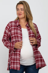 Burgundy Plaid Button Front Long Sleeve Plus Maternity Top