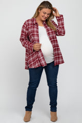 Burgundy Plaid Button Front Long Sleeve Plus Maternity Top