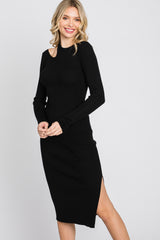 Black Ribbed Cutout Fitted Dress