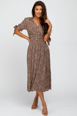 Taupe Spotted Button Front Tie Sleeve Midi Dress