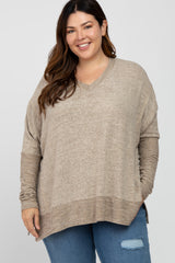 Taupe V-Neck Brushed Maternity Plus Knit Top