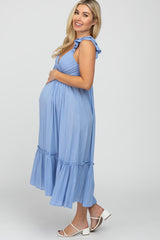 Light Blue Ruffle Accent Maternity Maxi Dress