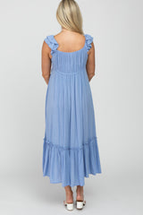 Light Blue Ruffle Accent Maternity Maxi Dress