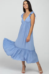 Light Blue Ruffle Accent Maternity Maxi Dress