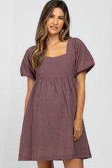 Purple Check Print Square Neck Maternity Babydoll Dress