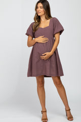 Purple Check Print Square Neck Maternity Babydoll Dress