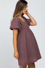 Purple Check Print Square Neck Maternity Babydoll Dress