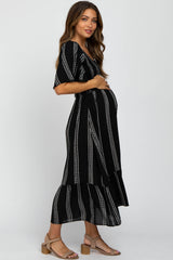 Black Stripe Tribal Print Smocked Maternity Midi Dress