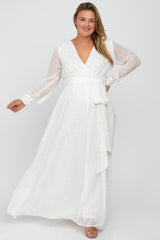 White Metallic Print Chiffon Maternity Plus Maxi Dress