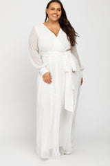 White Metallic Print Chiffon Plus Maxi Dress