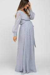 Light Grey Metallic Print Chiffon Maternity Maxi Dress