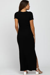 Black Ribbed Side Slit Maternity Maxi Dress