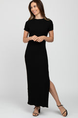 Black Ribbed Side Slit Maternity Maxi Dress