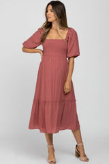 Mauve Puff Sleeve Smocked Maternity Midi Dress