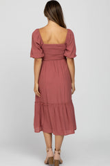 Mauve Puff Sleeve Smocked Maternity Midi Dress