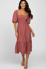 Mauve Puff Sleeve Smocked Maternity Midi Dress