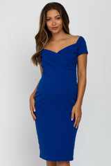 PinkBlush Royal Blue Solid Off Shoulder Maternity Fitted Dress
