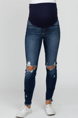 Navy Distressed Fringe Hem Maternity Jeans