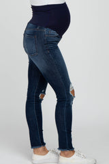 Navy Distressed Fringe Hem Maternity Jeans