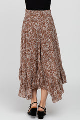 Brown Floral Ruffle Hem Midi Skirt