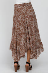 Brown Floral Ruffle Hem Maternity Midi Skirt