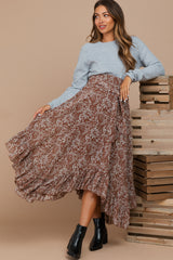 Brown Floral Ruffle Hem Maternity Midi Skirt