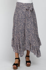 Blue Floral Ruffle Hem Maternity Midi Skirt