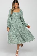 Light Olive Floral Smocked Tiered Maternity Midi Dress