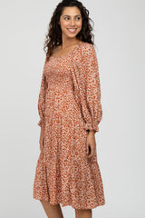 Rust Floral Smocked Tiered Midi Dress