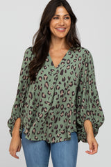 Olive Animal Print Balloon Sleeve Maternity Blouse