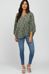 Olive Animal Print Balloon Sleeve Blouse