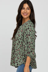 Olive Animal Print Balloon Sleeve Blouse