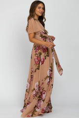 Beige Floral Chiffon Short Sleeve Pleated Maternity Maxi Dress