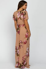 Beige Floral Chiffon Short Sleeve Pleated Maternity Maxi Dress