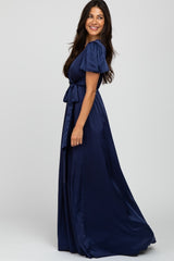 Navy Side Slit Satin Maxi Dress