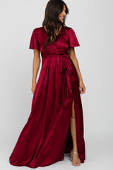 Burgundy Side Slit Satin Maxi Dress