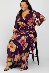 Plum Floral Chiffon Long Sleeve Pleated Maternity Plus Maxi Dress